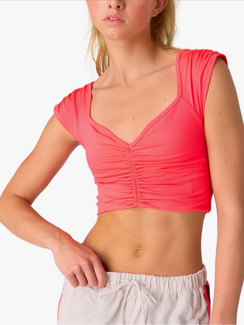 FP Movement by Free People Coral Crop Ruched V-Neck Top